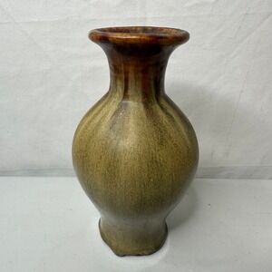Studio Pottery Signed Drip Glaze Vase Green Brown Mid Century Modern 7.5 Inch
